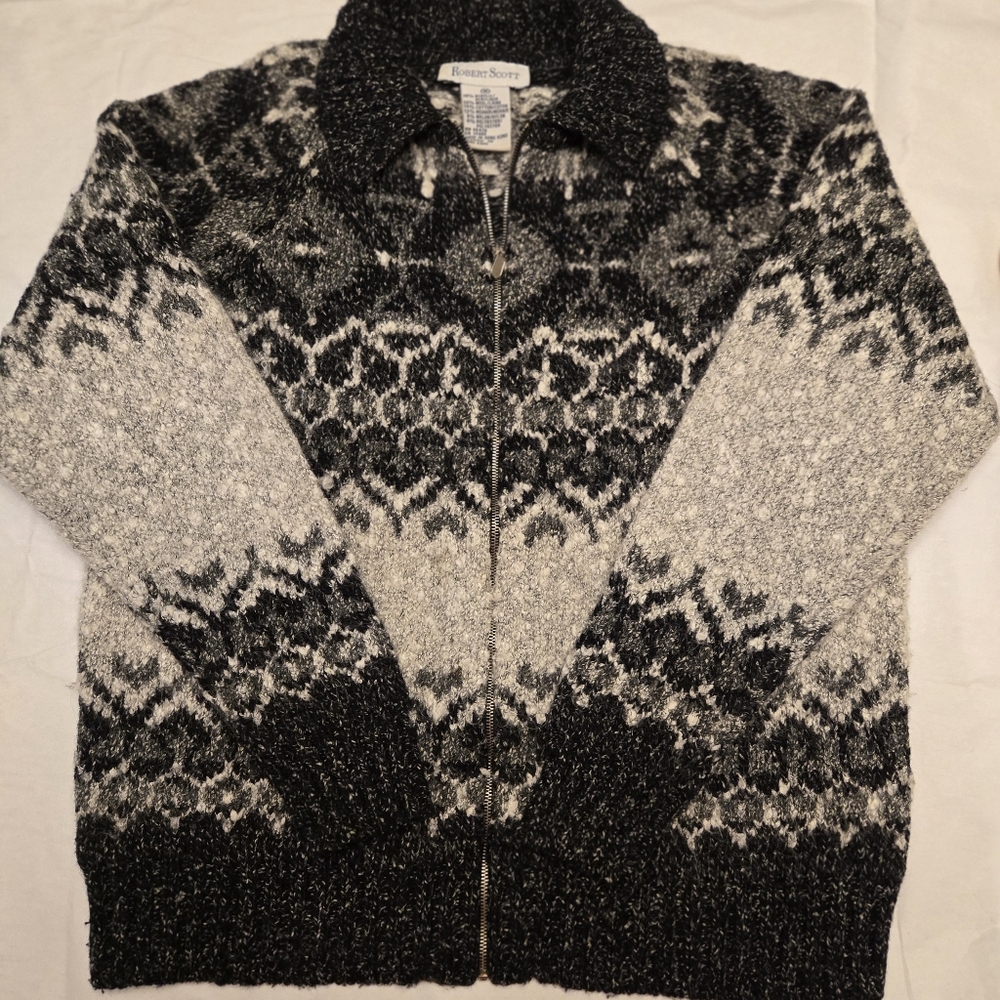 Women's Zip Up Sweater Medium Black Gray Long Sleeve‎ Scott Wool Mohair Blend